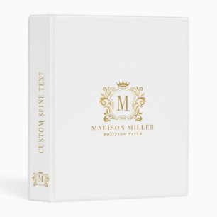 Initial monogram gold crest scrolls crown on white mini binder