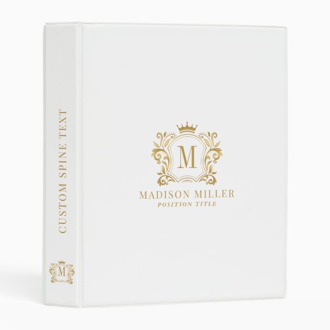 Initial monogram gold crest scrolls crown on white mini binder (Front/Spine)