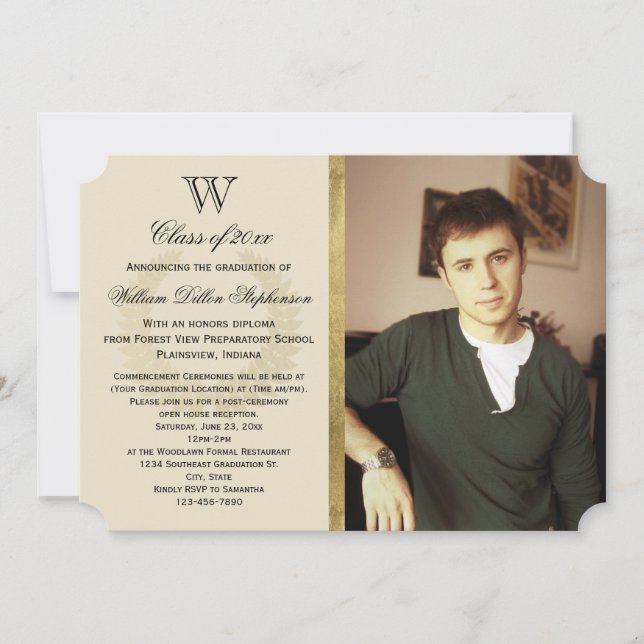 Initial Monogram Gold Foil Effect Photo Graduation Invitation (Front)
