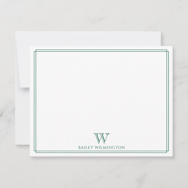 Initial Monogram Hunter Green Modern Border Note Card (Front)