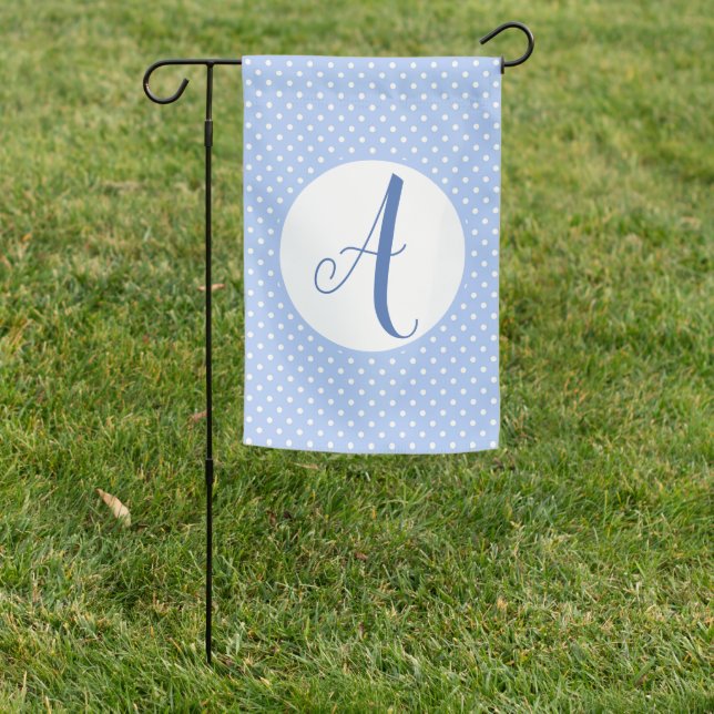 Initial Monogram Light Blue and White Dot Garden Flag (In SItu)
