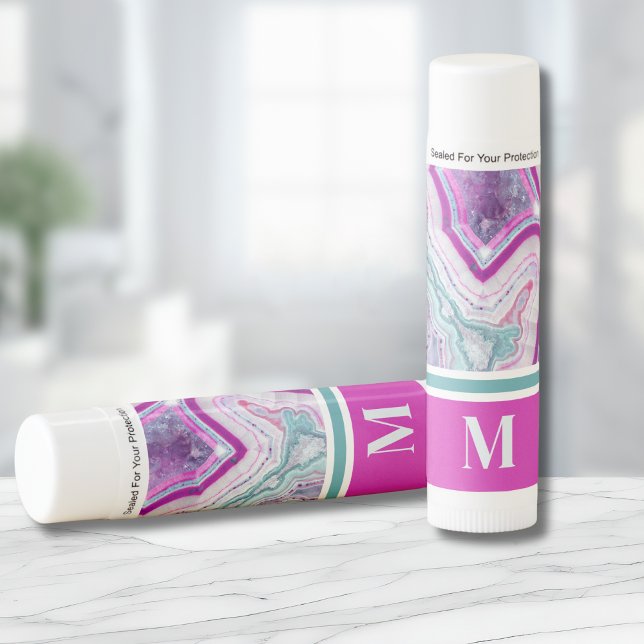 Initial Monogram Lip Balm (Chic Elegant Monogram Teal Fuchsia Agate Stone Lip Balm)