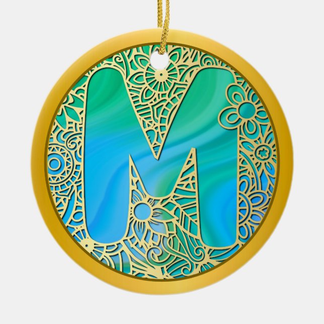  Initial Monogram M Christmas - Gold, Teal & Blue Ceramic Ornament (Front)