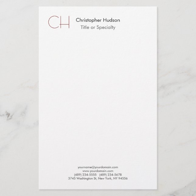 Initial Monogram Modern Minimalist Plain Simple Stationery (Front)