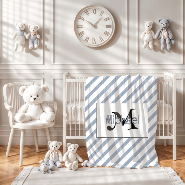 Initial Monogram Name Blue and White Baby Blanket (Creator Uploaded)