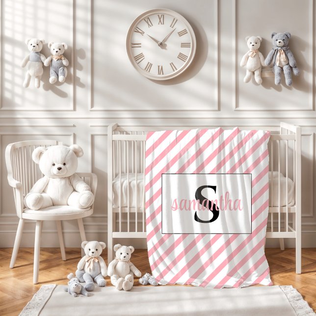 Initial Monogram Name Pink and White Baby Blanket (Creator Uploaded)