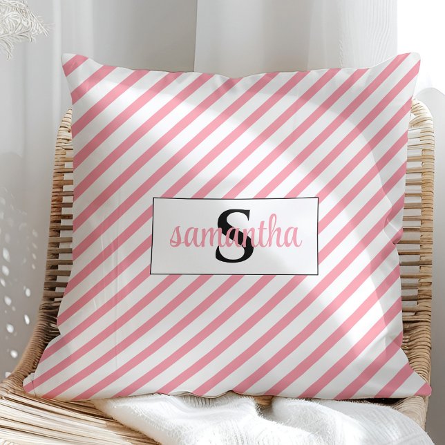 Initial Monogram Name Pink and White Throw Pillow (Creator Uploaded)