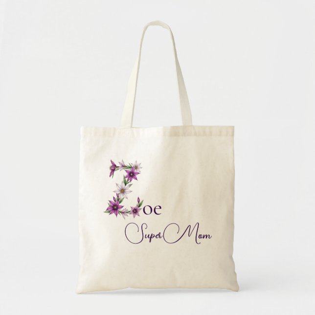 Initial Monogram + Name Super Mom Tote Bag (Front)