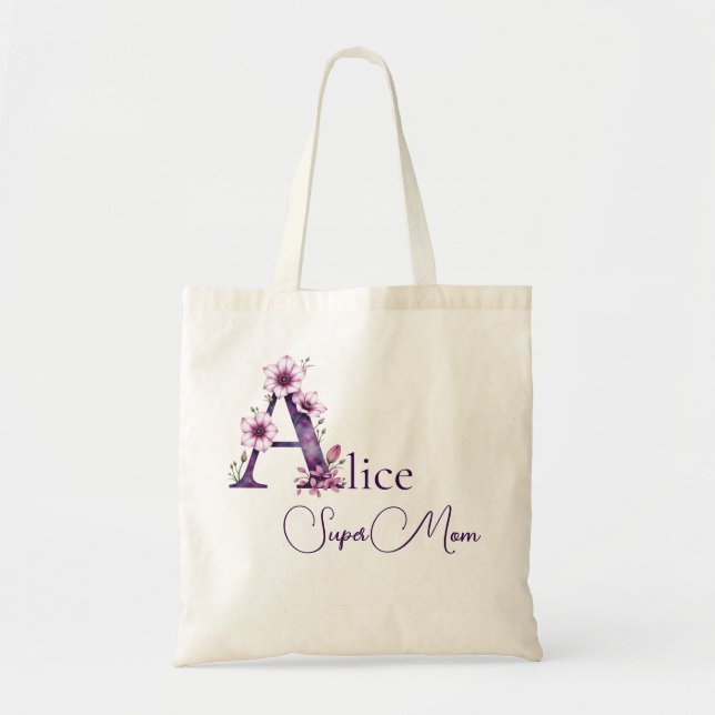 Initial Monogram + Name Super Mom Tote Bag (Front)