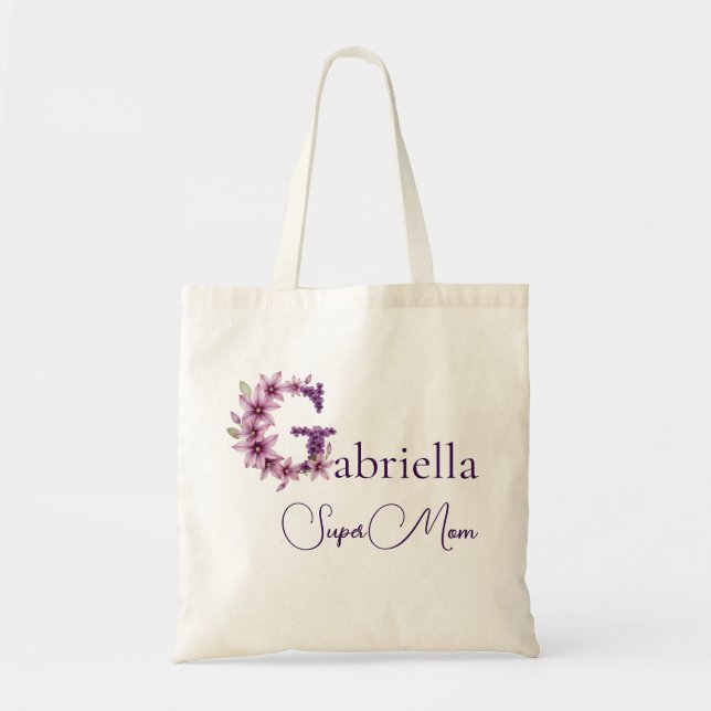 Initial Monogram + Name Super Mom Tote Bag (Front)