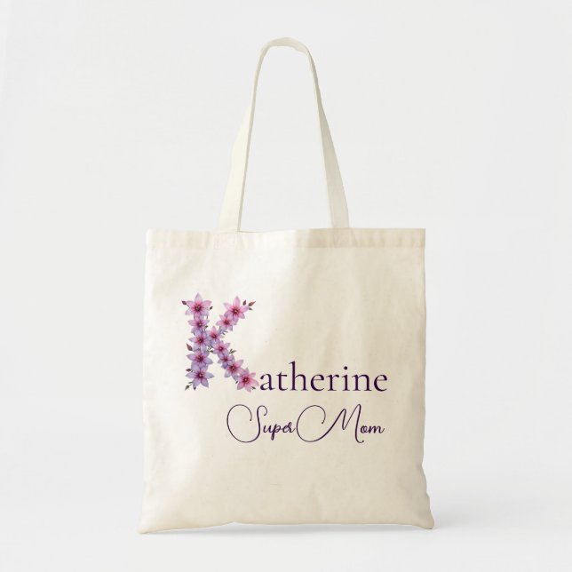 Initial Monogram + Name Super Mom Tote Bag (Front)