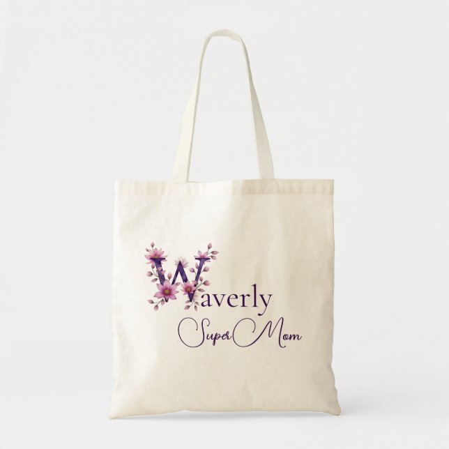 Initial Monogram + Name Super Mom Tote Bag (Front)