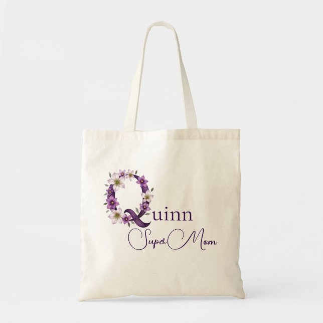 Initial Monogram + Name Super Mom Tote Bag (Front)