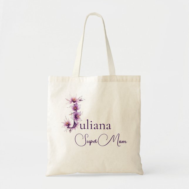 Initial Monogram + Name Super Mom Tote Bag (Front)
