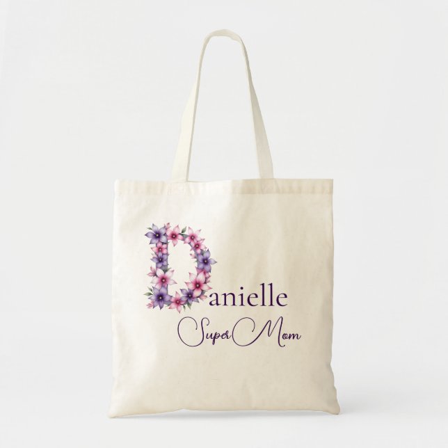 Initial Monogram + Name Super Mom Tote Bag (Front)