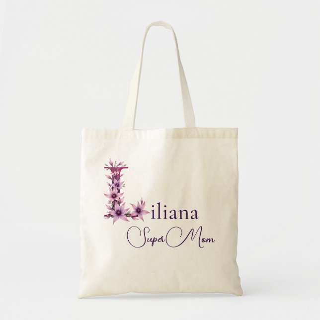 Initial Monogram + Name Super Mom Tote Bag (Front)