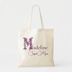 Initial Monogram + Name Super Mom Tote Bag
