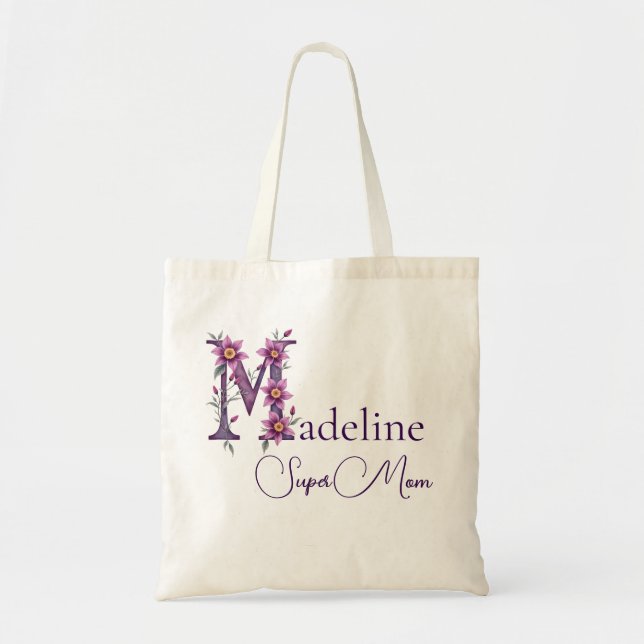 Initial Monogram + Name Super Mom Tote Bag (Front)