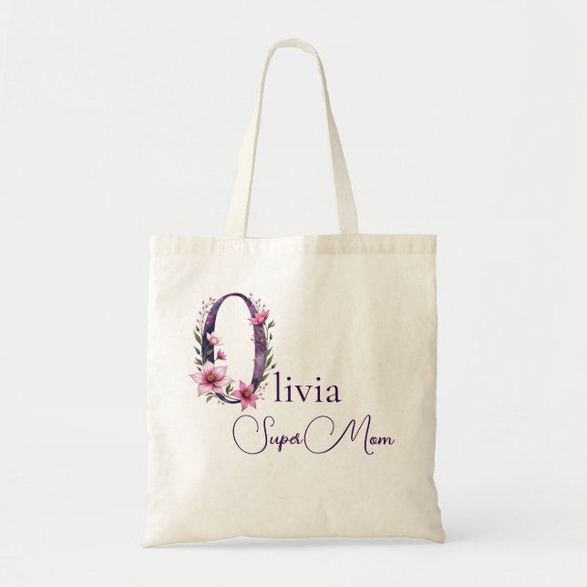 Initial Monogram + Name Super Mom Tote Bag (Front)