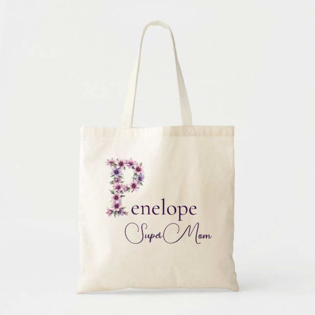 Initial Monogram + Name Super Mom Tote Bag (Front)