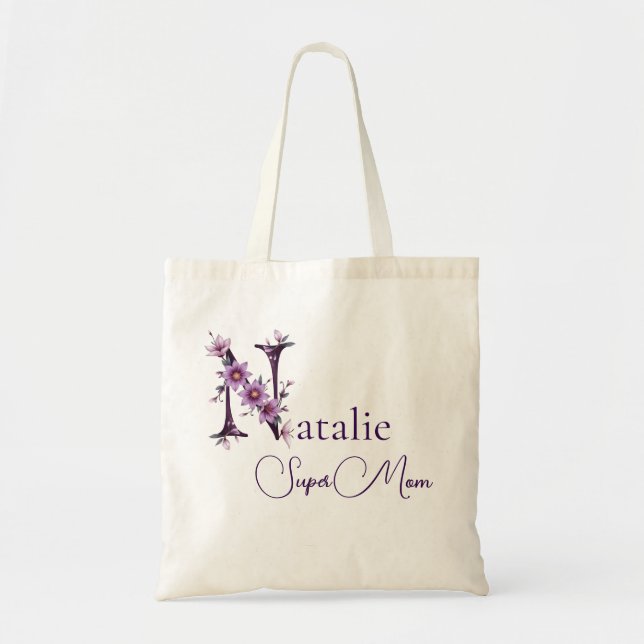 Initial Monogram + Name Super Mom Tote Bag (Front)