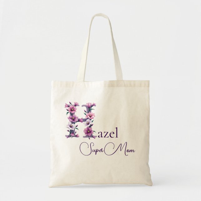 Initial Monogram + Name Super Mom Tote Bag (Front)