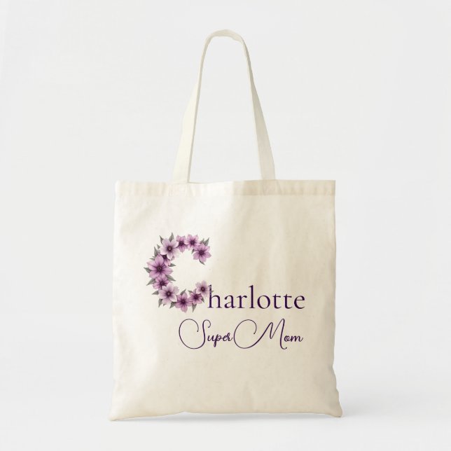 Initial Monogram + Name Super Mom Tote Bag (Front)