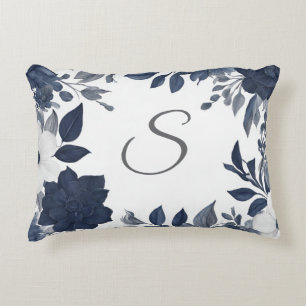 Initial Monogram Navy Blue Gray Farmhouse Floral Accent Pillow