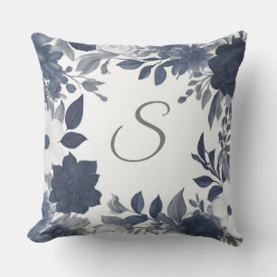 Initial Monogram Navy Blue Gray Farmhouse Floral Outdoor Pillow