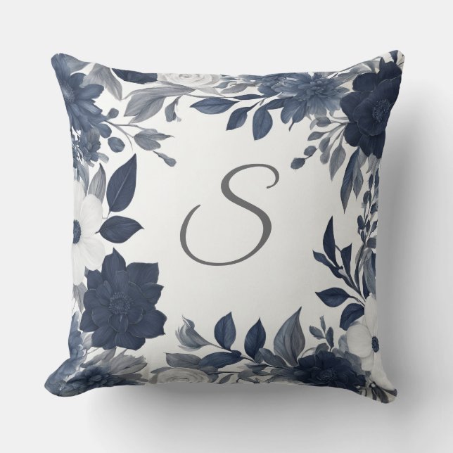 Initial Monogram Navy Blue Gray Farmhouse Floral Throw Pillow (Front)