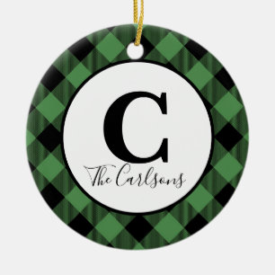 Initial Monogram Photo Green Black Buffalo Plaid Ceramic Ornament