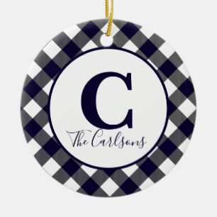 Initial Monogram Photo Navy White Buffalo Plaid Ceramic Ornament