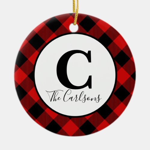 Initial Monogram Photo Red Black Buffalo Plaid Ceramic Ornament