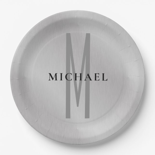 Initial monogram professional plain add your name paper plates (Front)