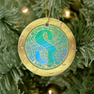 Initial Monogram S Christmas - Gold, Teal & Blue Ceramic Ornament