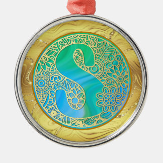 Initial Monogram S Christmas - Gold, Teal & Blue Metal Ornament