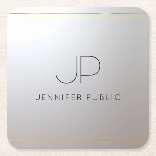 Initial Monogram Trendy Template Gold Silver Square Paper Coaster