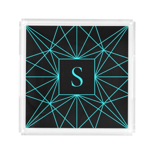 Initial Monogram  Turquoise Geometric Design Acrylic Tray