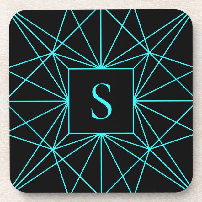 Initial Monogram | Turquoise Geometric Design Beverage Coaster (Front)