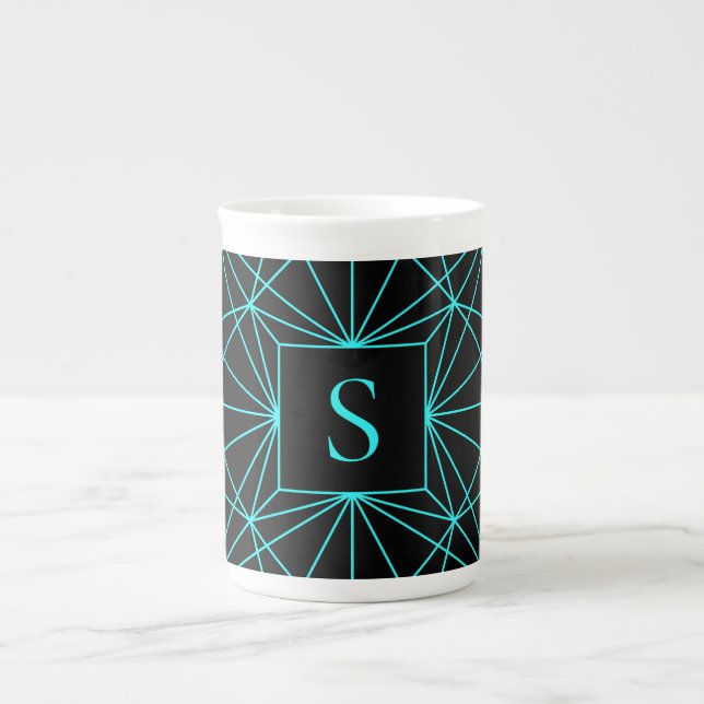 Initial Monogram | Turquoise Geometric Design Bone China Mug (Front)