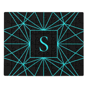 Initial Monogram Turquoise Geometric Design Jigsaw Puzzle