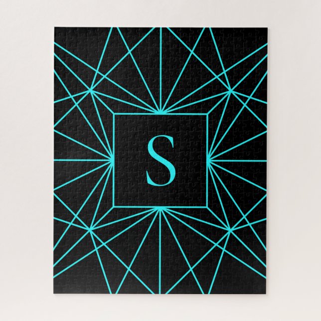 Initial Monogram | Turquoise Geometric Design Jigsaw Puzzle (Vertical)