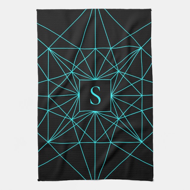Initial Monogram | Turquoise Geometric Design Kitchen Towel (Vertical)