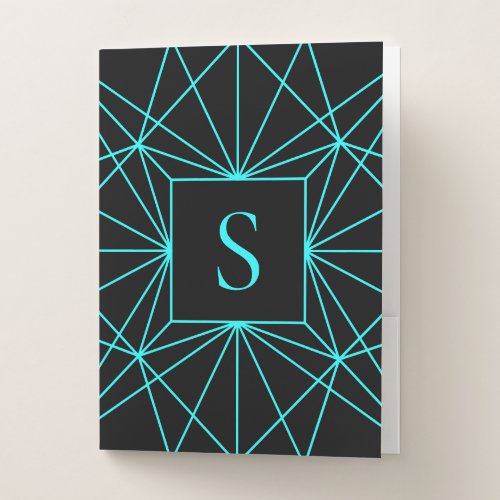 Initial Monogram  Turquoise Geometric Design Pocket Folder