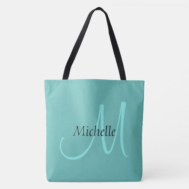Initial Monogram Typography Name Light Teal Large Tote Bag (Front)
