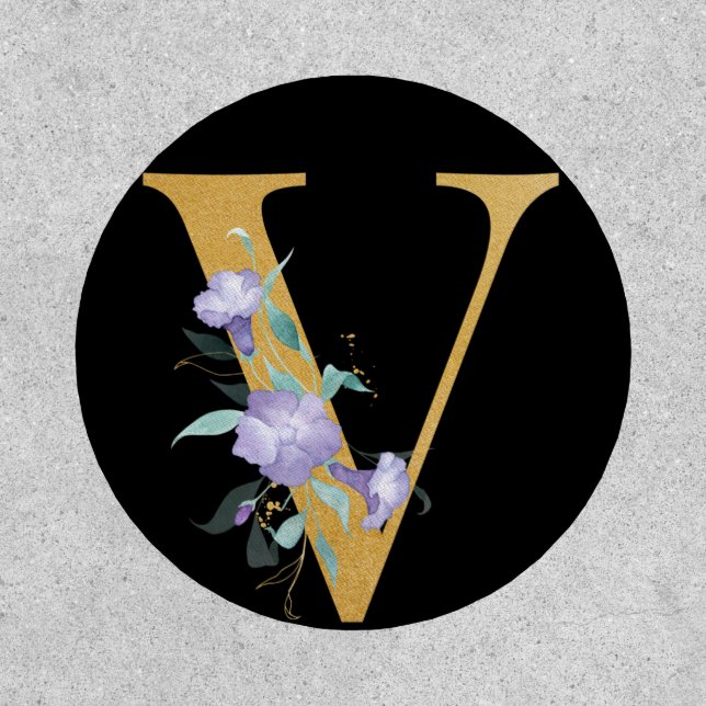 Initial Monogram V Gold Alphabet Letter Purple Patch (Front)
