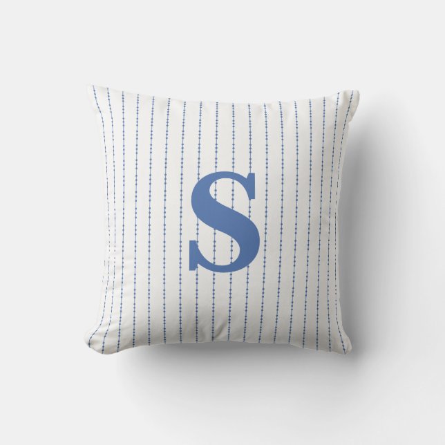 Initial Monogram White and Blue Dot Pinstripe Throw Pillow (Front)