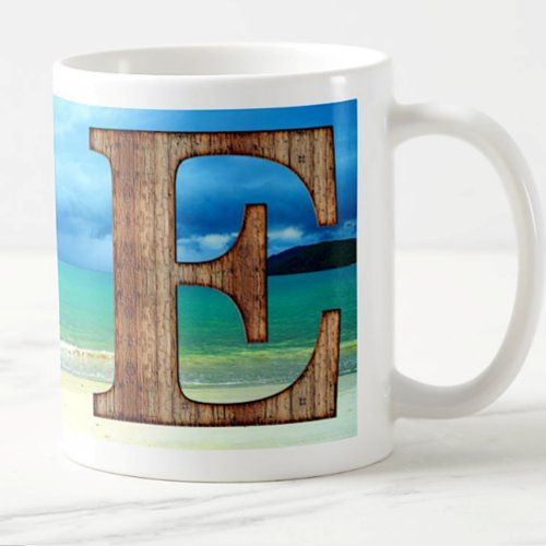 Initial Monogram Wooden Letter E Beach Ocean Scene Coffee Mug