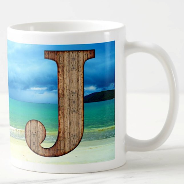 Initial Monogram Wooden Letter J Beach Ocean Scene Coffee Mug (Creator Uploaded)