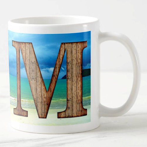 Initial Monogram Wooden Letter M Beach Ocean Scene Coffee Mug